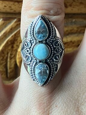 Natural Sky Blue Topaz Larimar Sterling Silver Ring Size 5.75